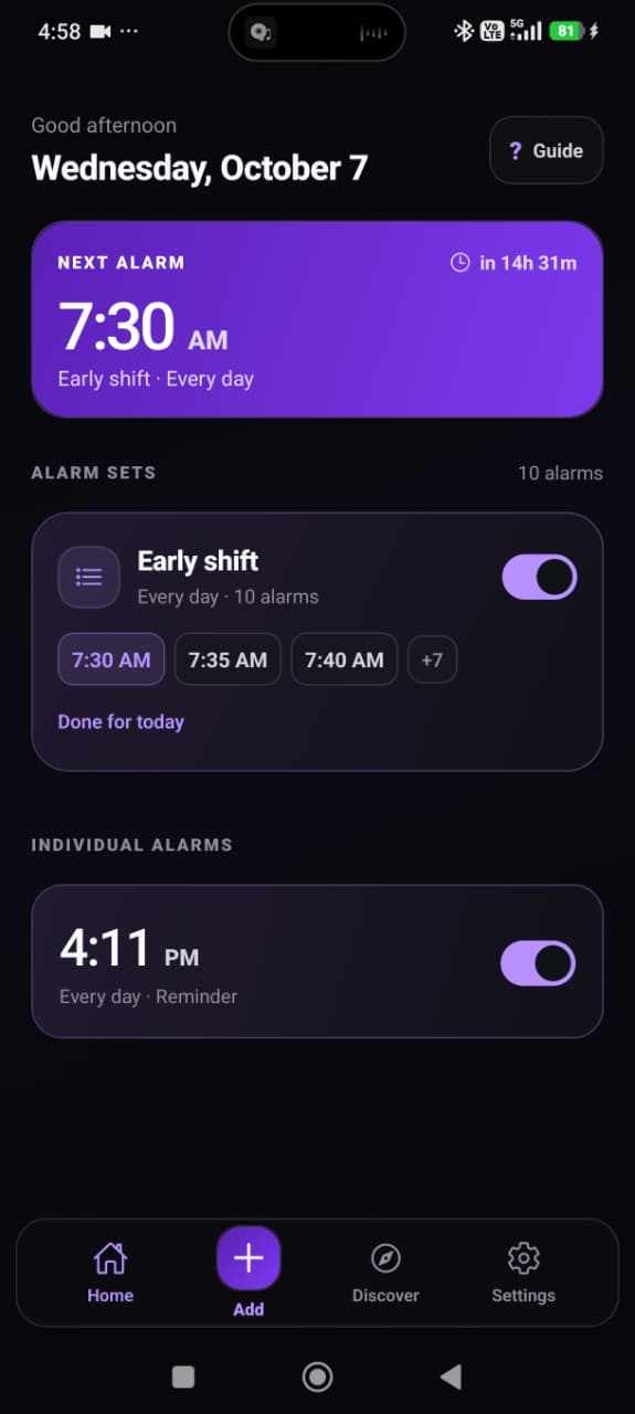 BlockWake home screen with the Early shift Alarm Set, its grouped times, and a separate individual alarm