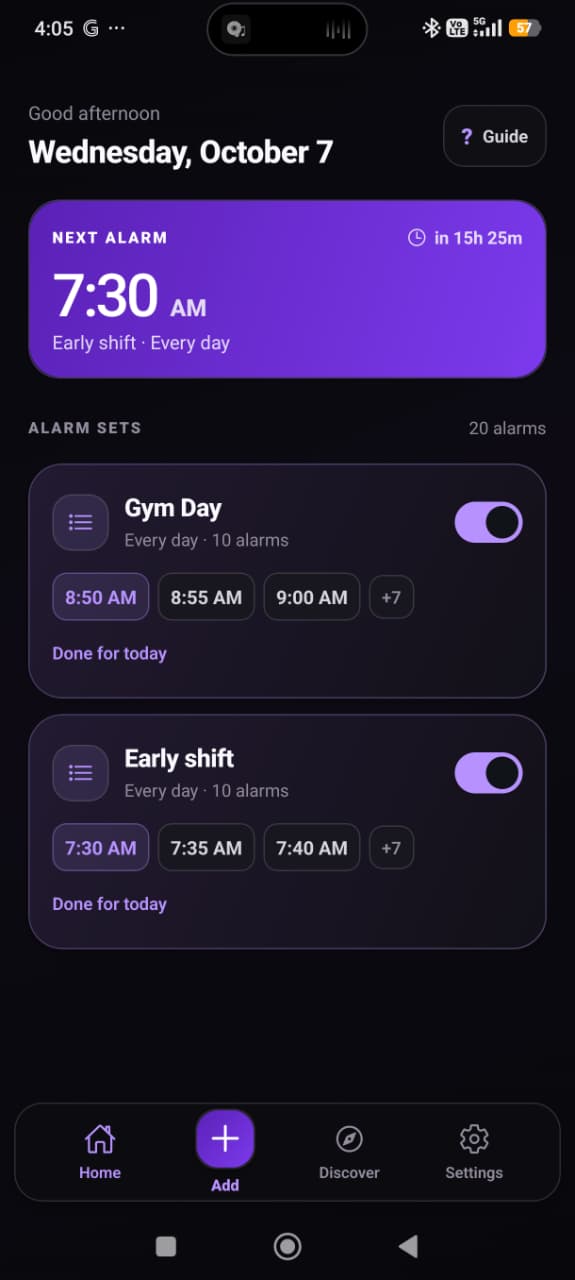 BlockWake home screen showing Gym Day and Early shift as separate Alarm Sets with grouped alarm times