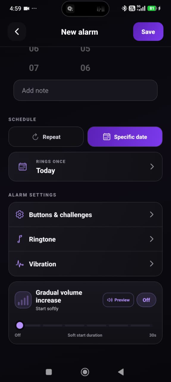 BlockWake individual alarm settings showing schedule, buttons and challenges, ringtone, vibration and gradual volume increase