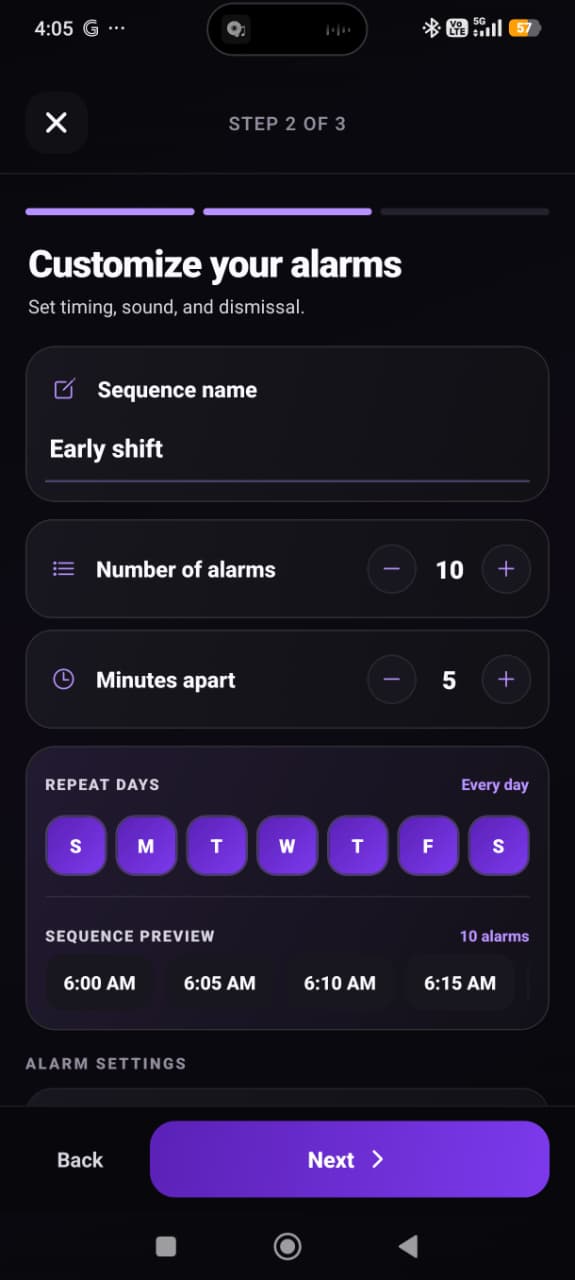 BlockWake Alarm Set setup screen showing the set name, alarm count, minutes apart, repeat days and sequence preview